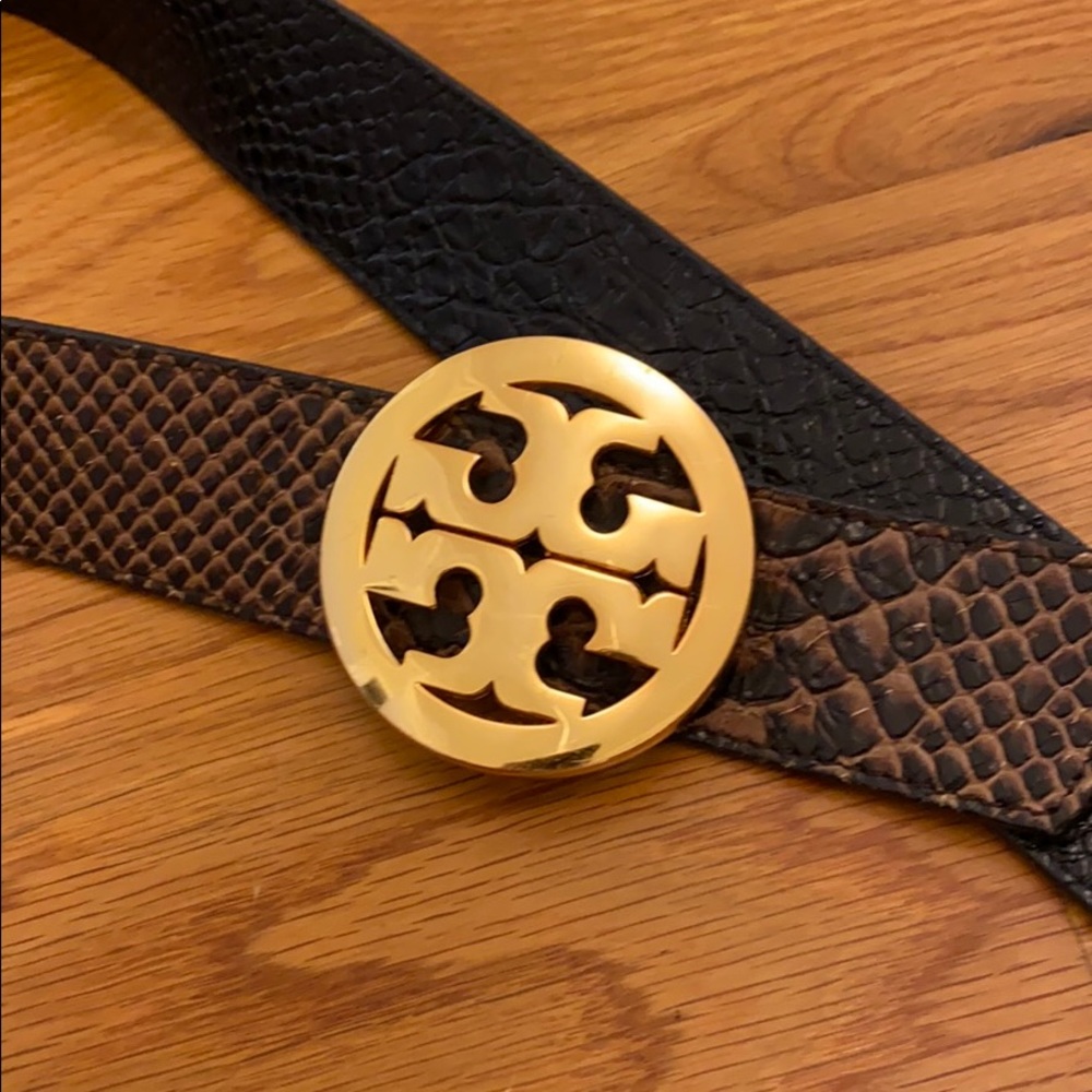 Tory Burch Gold/Black Reversible Snakeskin Belt